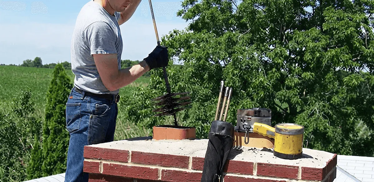 Chimney cleaning technician working on a rooftop chimney with professional tools in Overland Park, KS