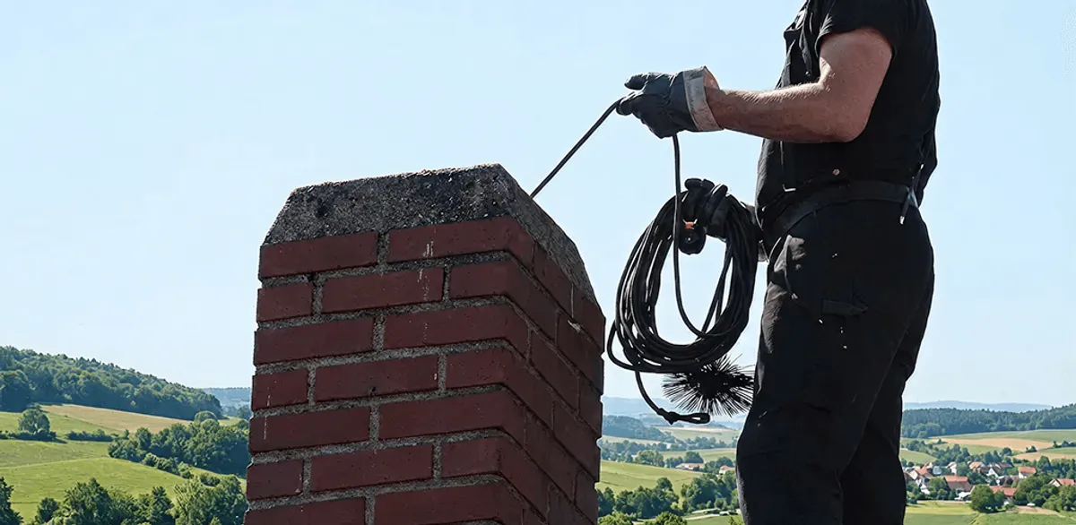 Chimney sweep inspecting and cleaning a rooftop chimney in Overland Park, KS