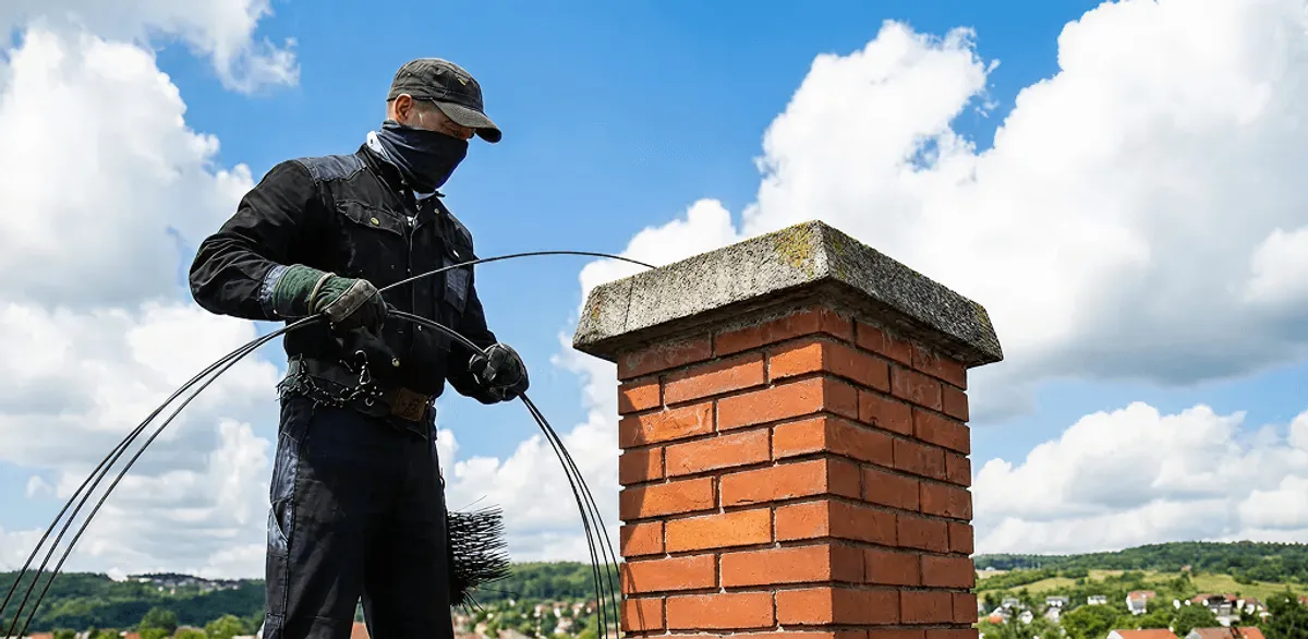 Chimney sweep cleaning a brick chimney with professional tools in Overland Park, KS