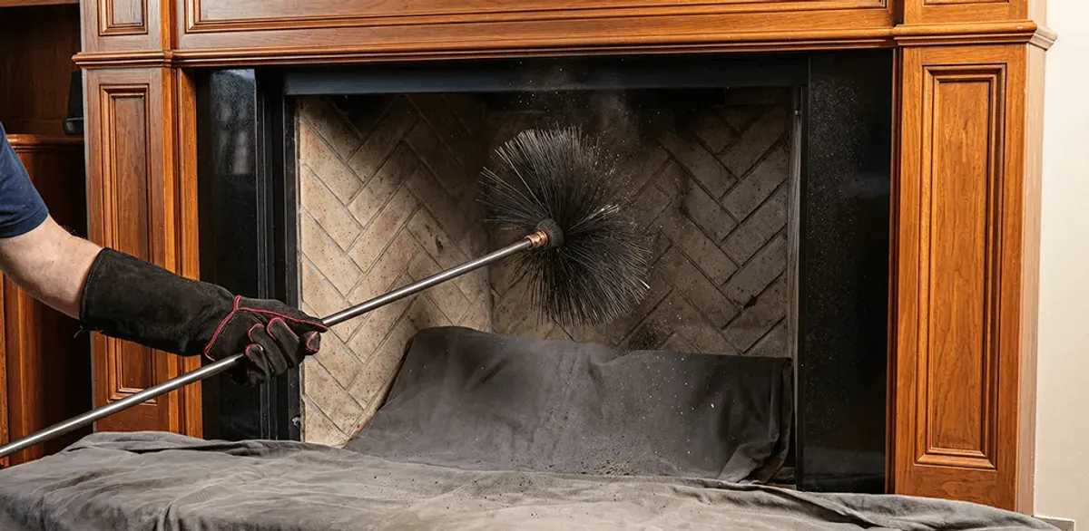 Chimney cleaning service brushing soot from a fireplace and flue in Overland Park, KS