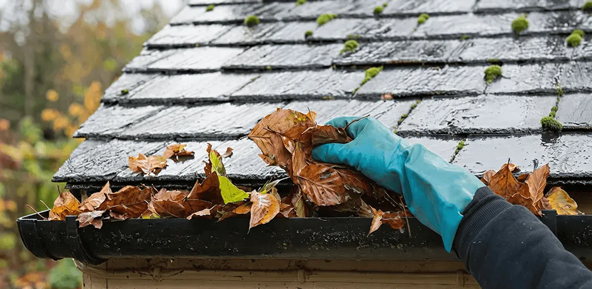 Gutter cleaning technician clearing wet leaves from roof gutters in Overland Park, KS